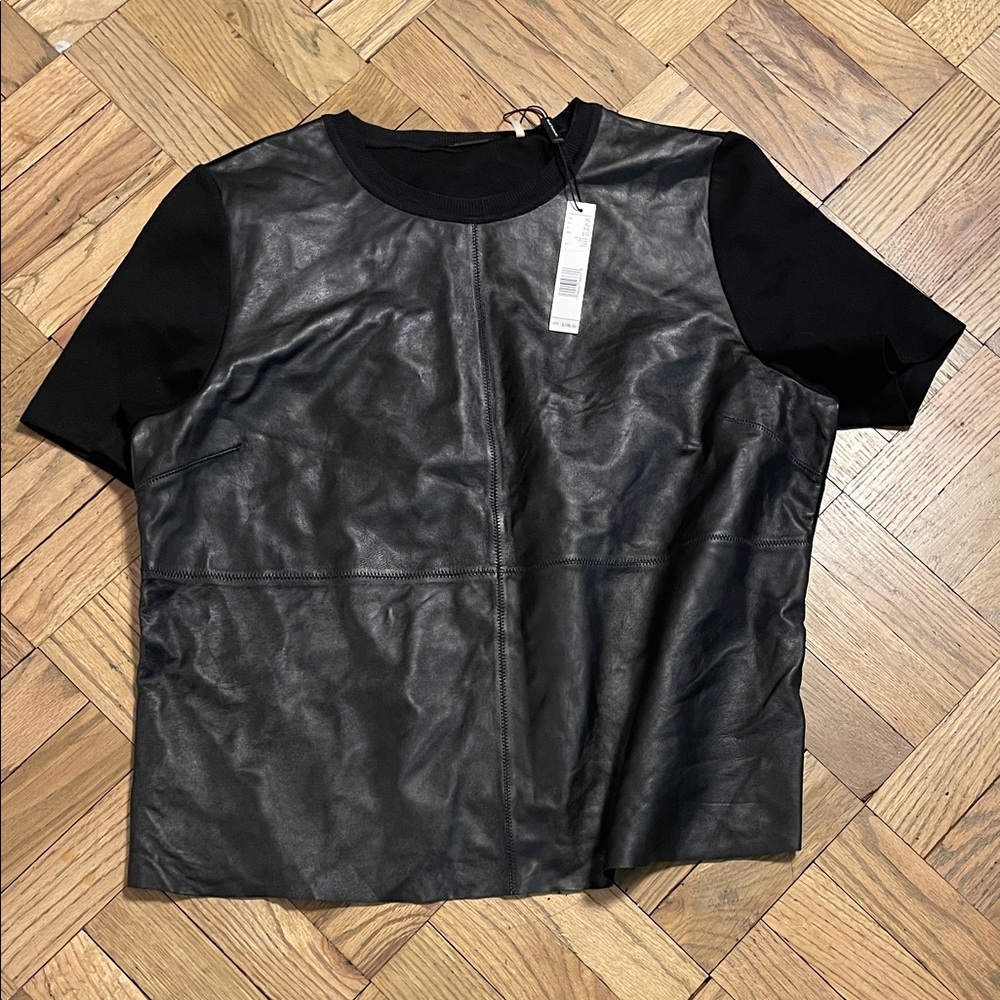 Elie Tahari Black Leather Short Sleeve Top size XL rocker cool
